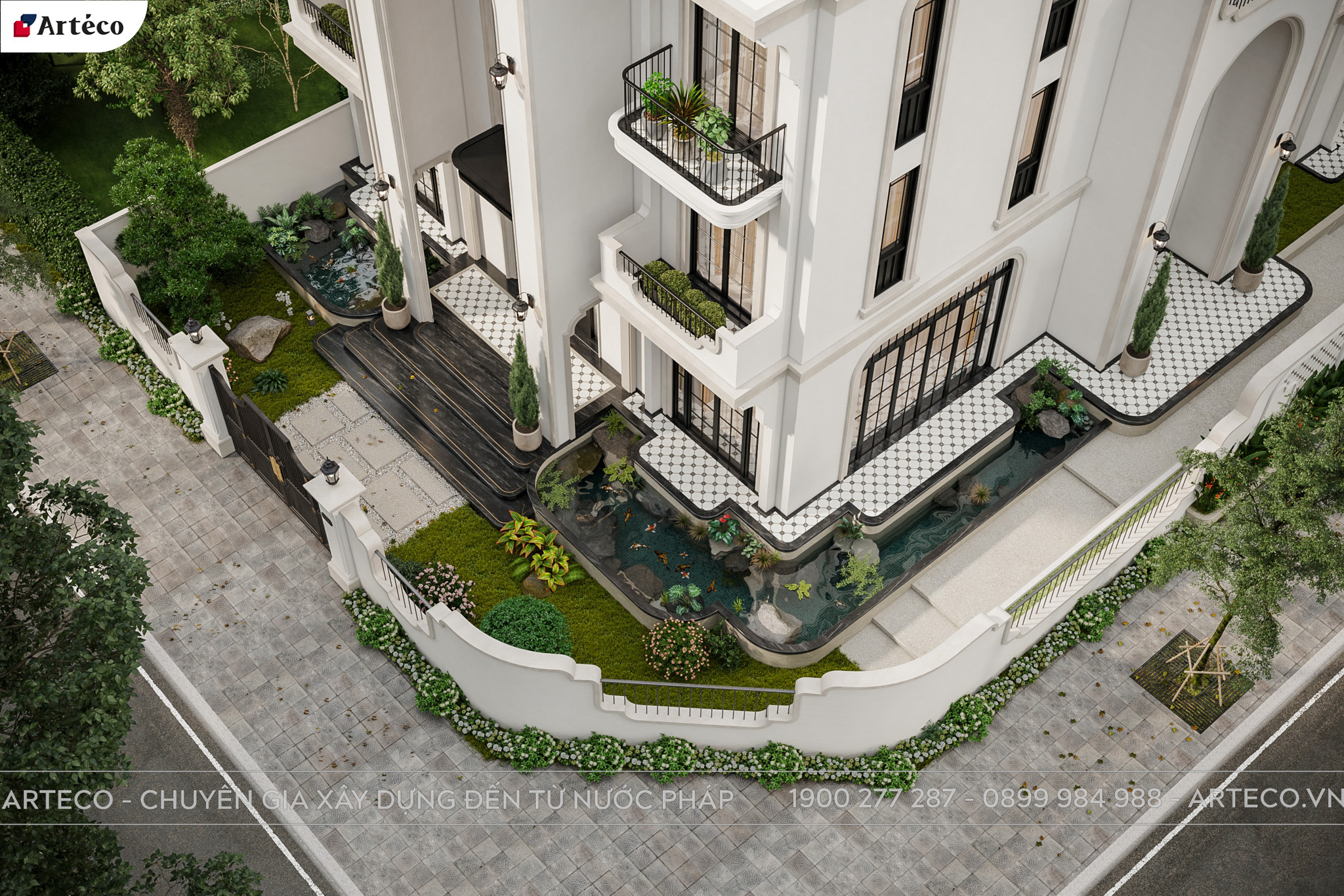 Sân vườn thiết kế cho công trình mang phong cách địa trung hải