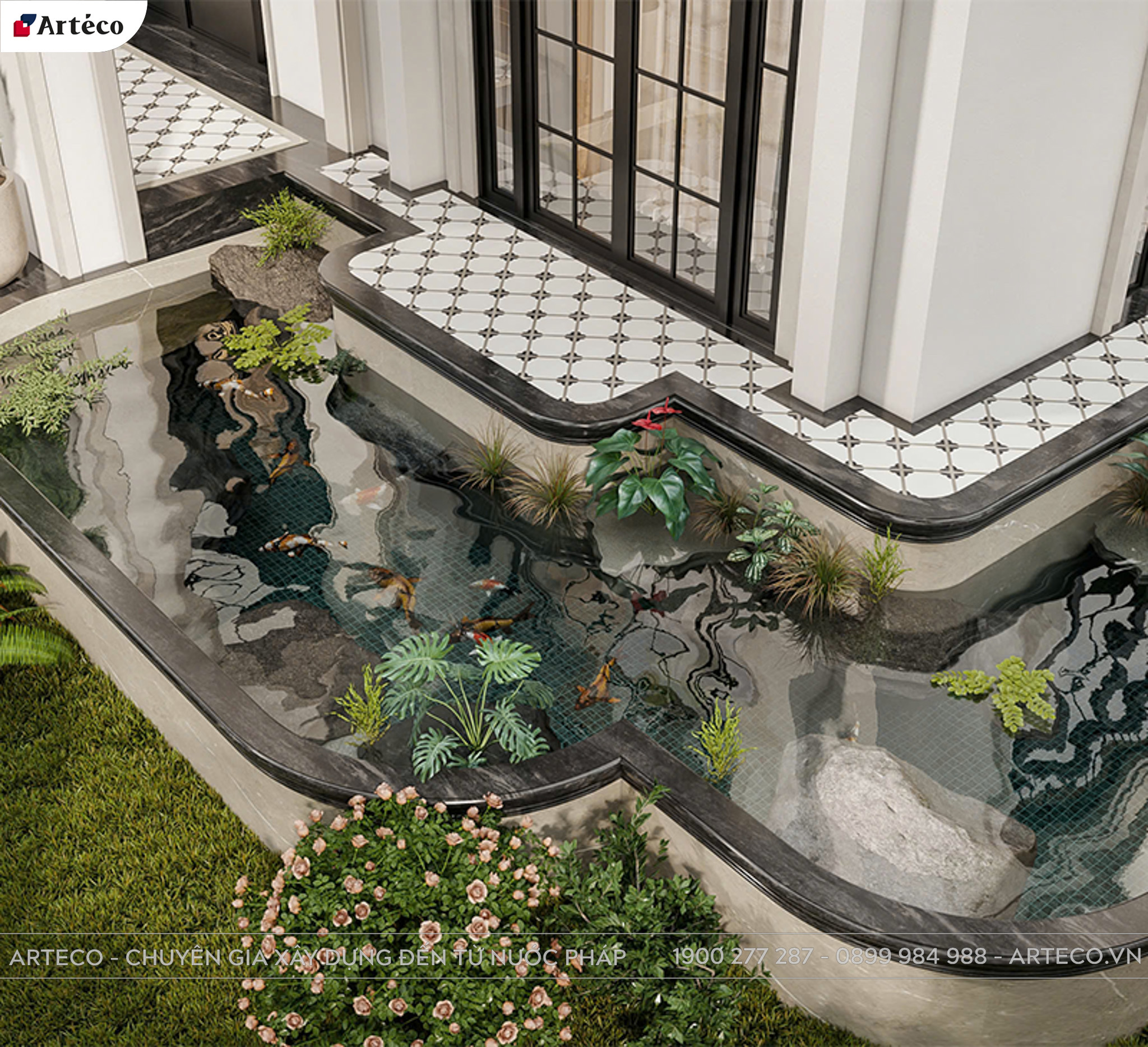 Bể cá coi cũng được gia chủ ưu tiên đưa vào không gian sân vườn