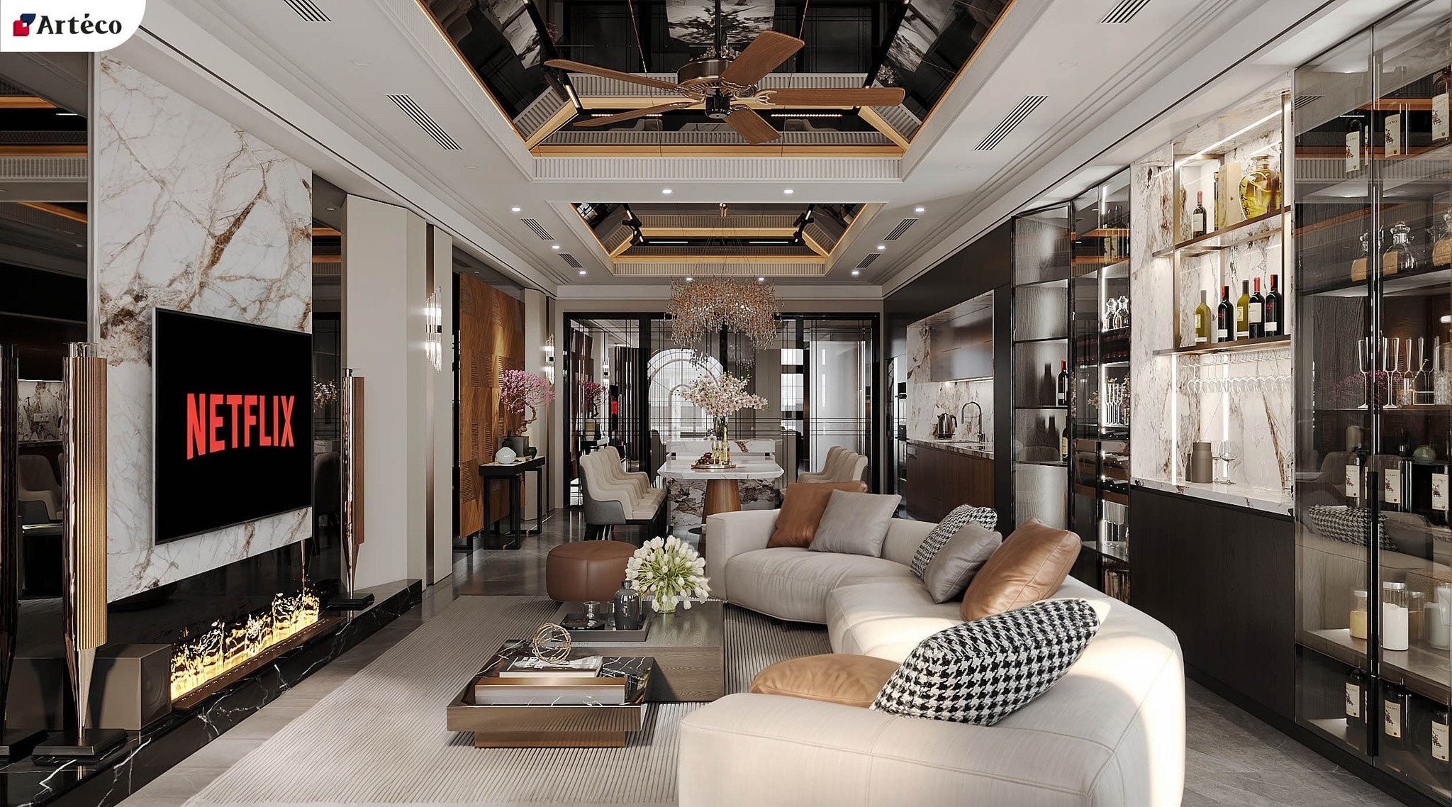 Trần thạch cao phòng khách đẹp theo phong cách hiện đại