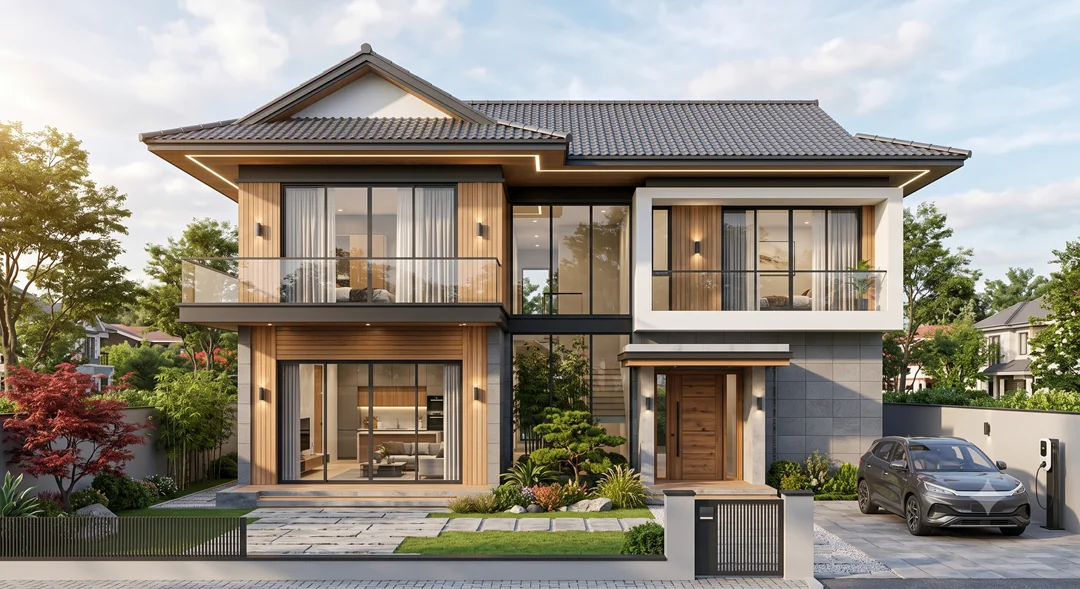 Mẫu thiết kế biệt thự 2 tầng hiện đại kết hợp mái nhật